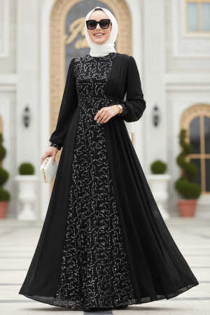 Tesettür Abiye Elbise - Pul Payetli Gümüş Tesettür Abiye Elbise 5408GMS - TESETTÜRLÜ ABİYE ELBİSELER