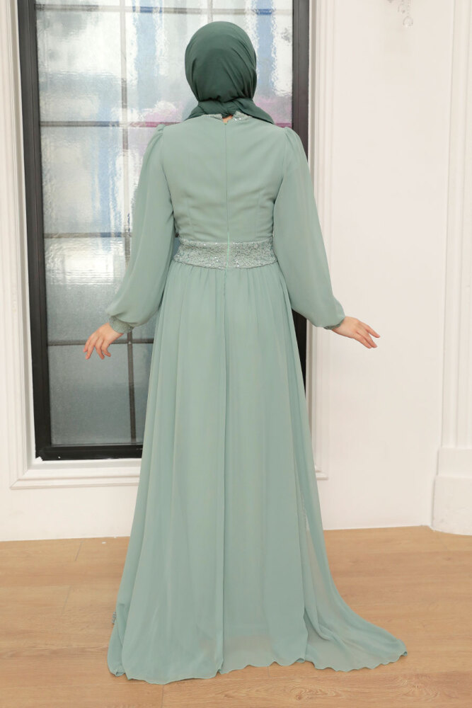 Tesettür Abiye Elbise - Pul Payetli Mint Tesettür Abiye Elbise 5408MINT - 3