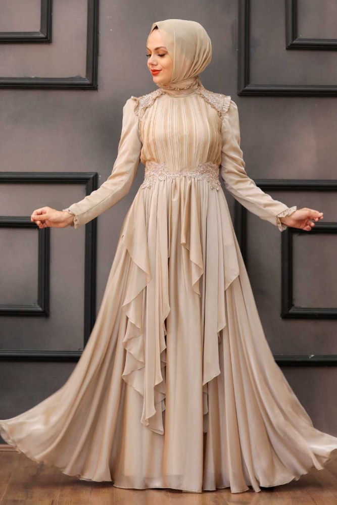 Tesettür Abiye Elbise - Robe de soirée beige pour vêtements islamiques 21850BEJ - 3