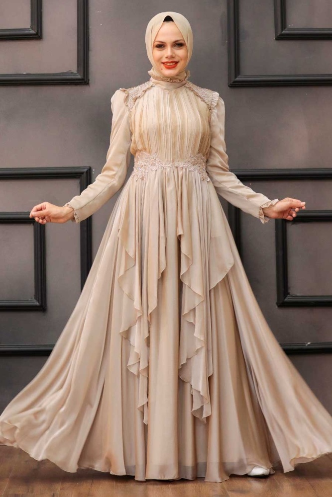Tesettür Abiye Elbise - Robe de soirée beige pour vêtements islamiques 21850BEJ - 1