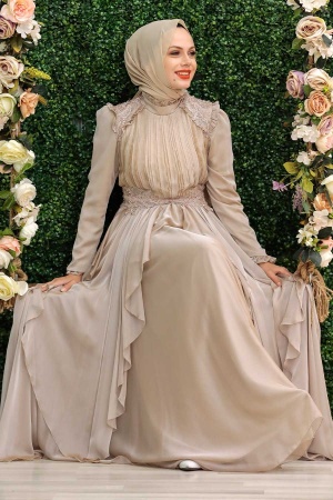 Tesettür Abiye Elbise - Robe de soirée beige pour vêtements islamiques 21850BEJ - 2