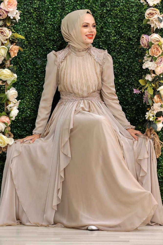 Tesettür Abiye Elbise - Robe de soirée beige pour vêtements islamiques 21850BEJ - 2