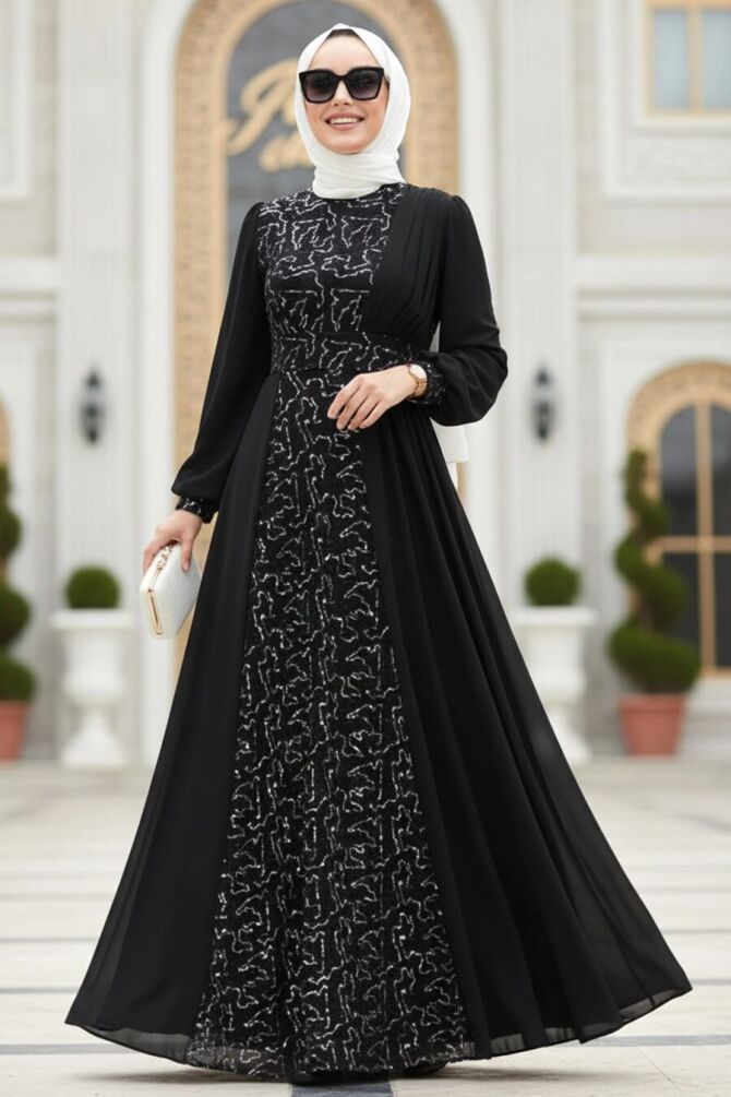 Robe de soirée longue et couvrante à sequins – Argenté 5408GMS - 1