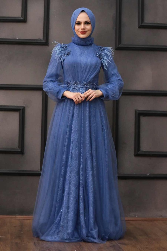 Tesettür Abiye Elbise - Robe de Soirée Hijab Bleu Indigo 75850IM - 1