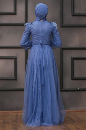 Tesettür Abiye Elbise - Robe de Soirée Hijab Bleu Indigo 75850IM - 4