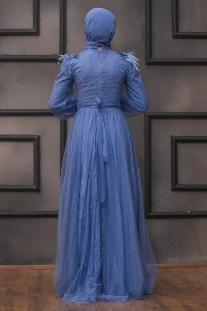 Tesettür Abiye Elbise - Robe de Soirée Hijab Bleu Indigo 75850IM - 4