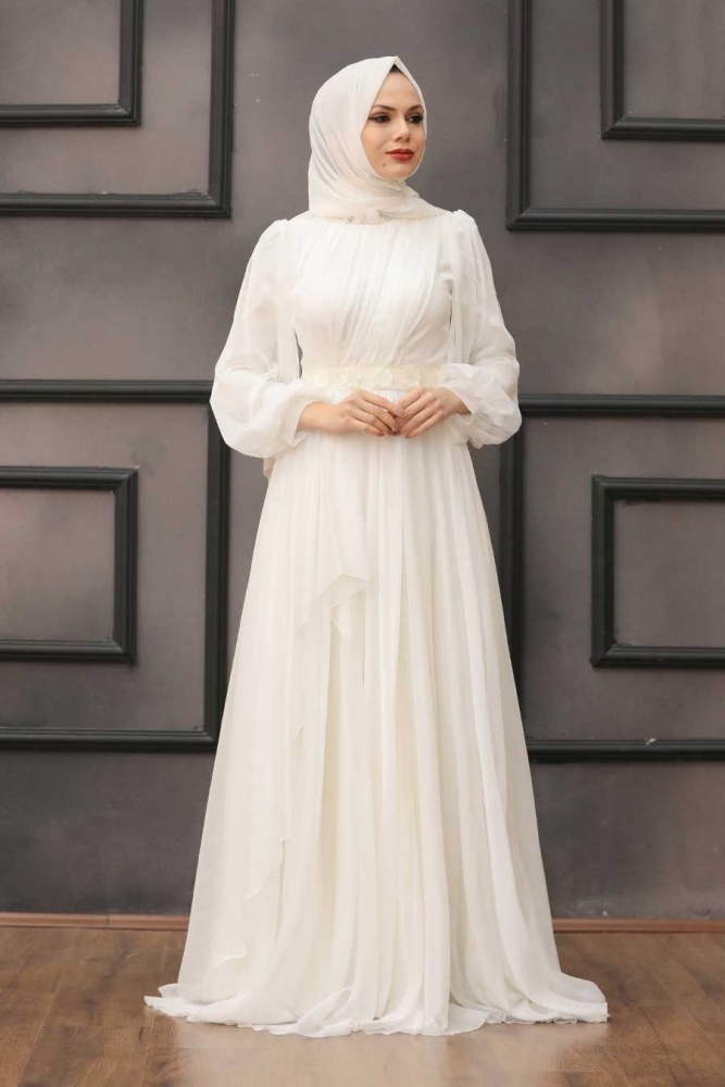 Tesettür Abiye Elbise - Robe de soirée Hijab écru à volants 4313E - 1