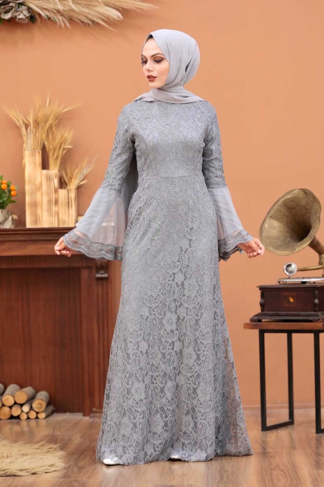 Tesettür Abiye Elbise - Robe de Soirée Hijab Grise 2567GR - 1