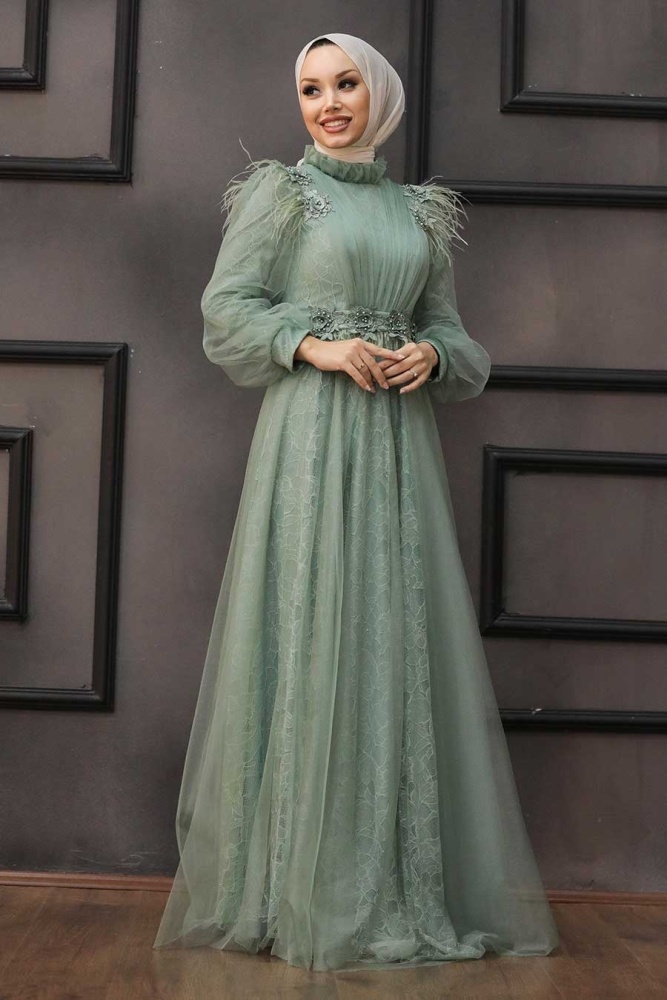 Tesettür Abiye Elbise - Robe de Soirée Hijab Menthe 75850MINT - 1