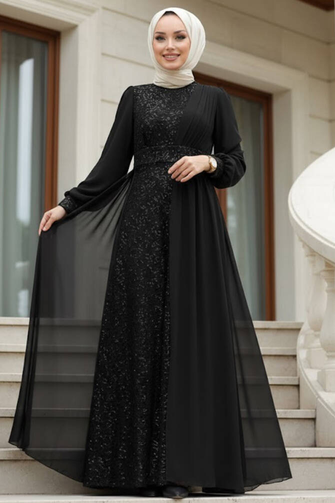 Tesettür Abiye Elbise - Robe de Soirée Hijab Noire 5408S - 1