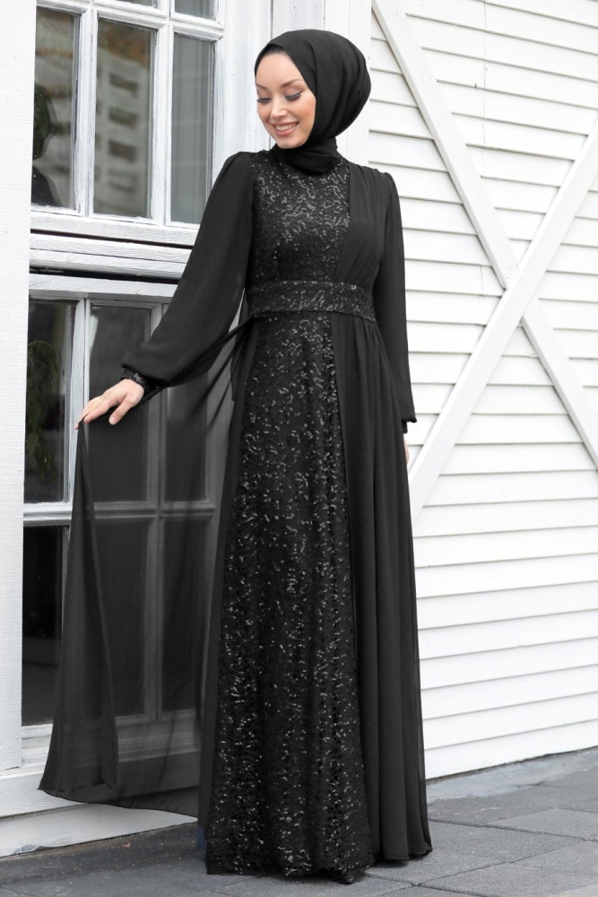 Tesettür Abiye Elbise - Robe de Soirée Hijab Noire 5408S - 1