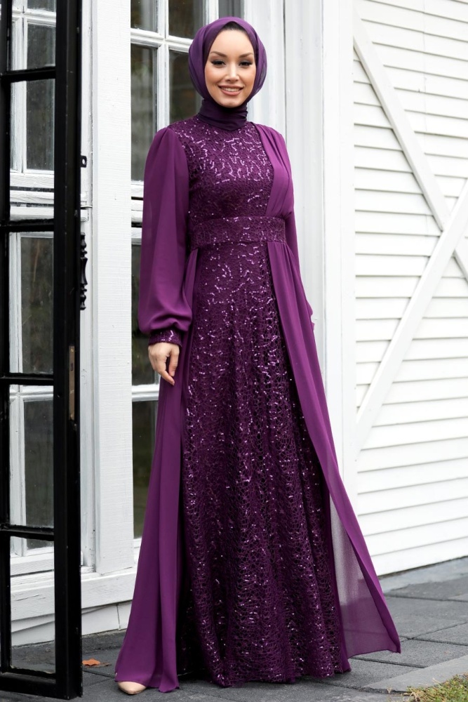 Tesettür Abiye Elbise - Robe de soirée Hijab Prune 5408MU - 1