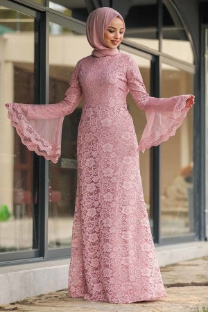 Tesettür Abiye Elbise - Robe de soirée Hijab rose poussiéreux 2567GK - 1