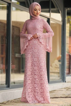 Tesettür Abiye Elbise - Robe de soirée Hijab rose poussiéreux 2567GK - 2