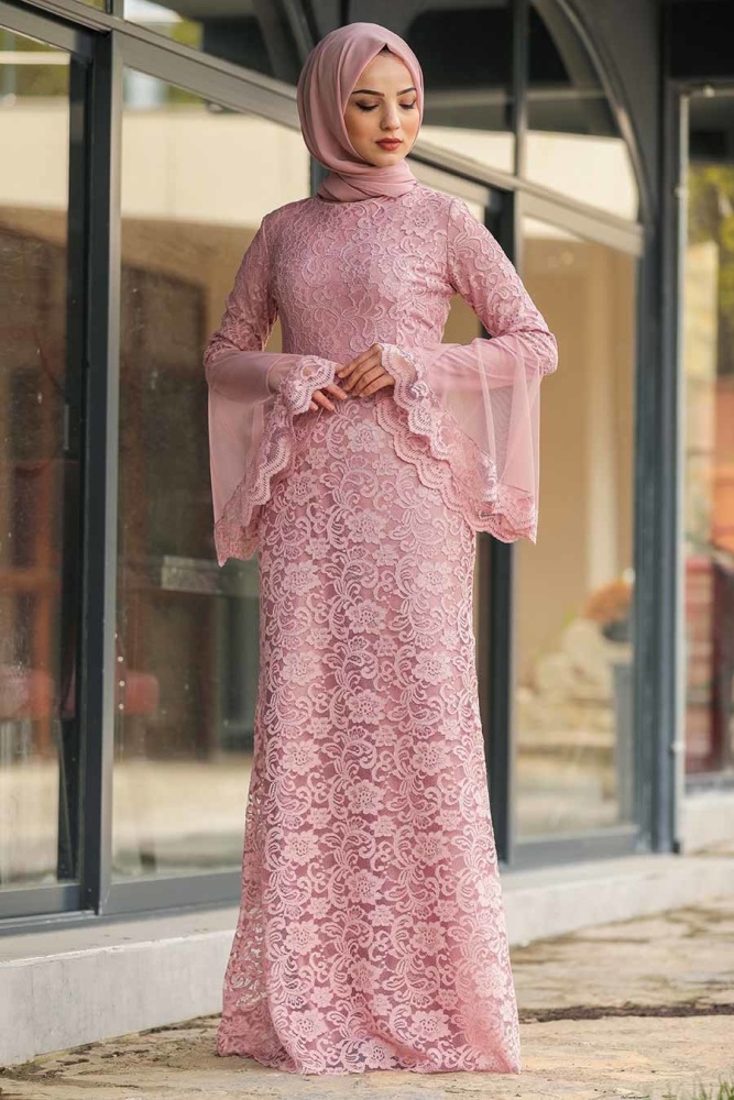 Tesettür Abiye Elbise - Robe de soirée Hijab rose poussiéreux 2567GK - 2