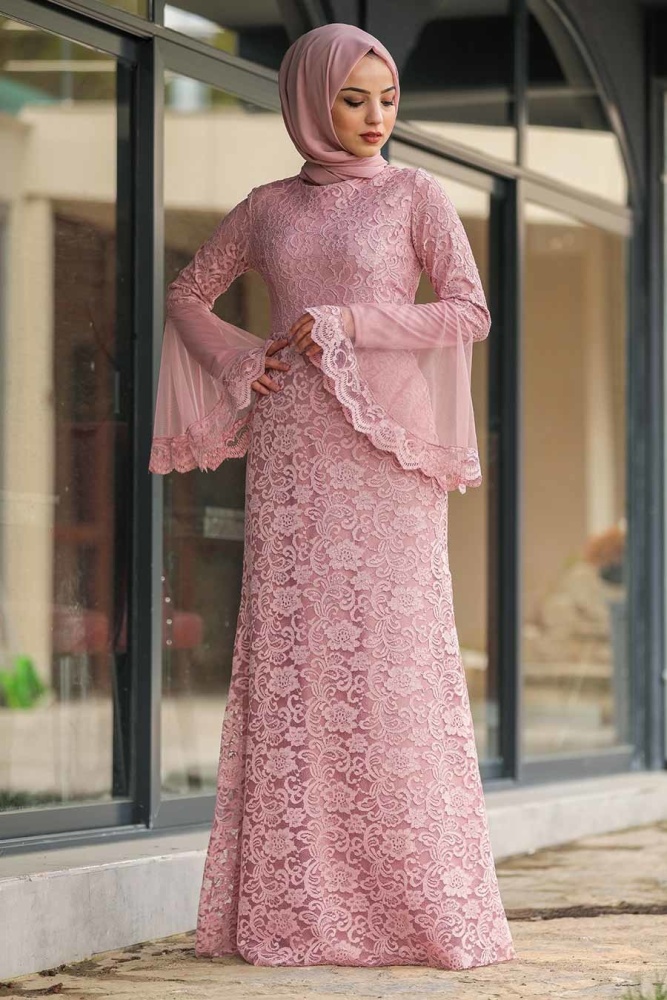Tesettür Abiye Elbise - Robe de soirée Hijab rose poussiéreux 2567GK - 3