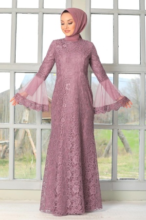 Tesettür Abiye Elbise - Robe de soirée Hijab rose poussiéreux foncé 2567KGK - 1