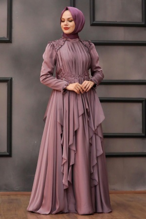Tesettür Abiye Elbise - Robe de soirée Hijab Rose Séchée 21850GK - 1