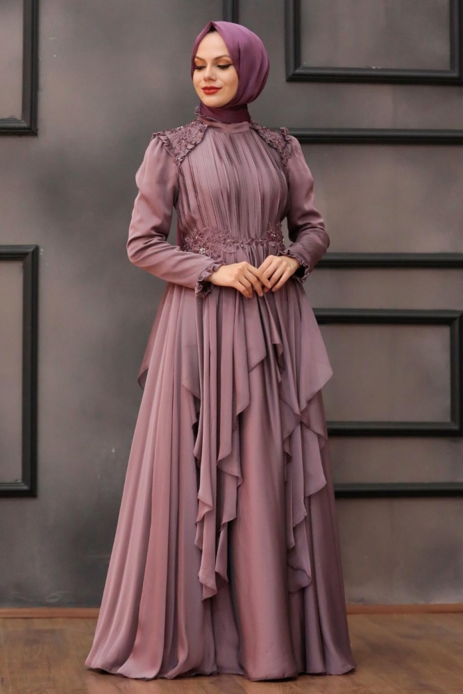Tesettür Abiye Elbise - Robe de soirée Hijab Rose Séchée 21850GK - 1