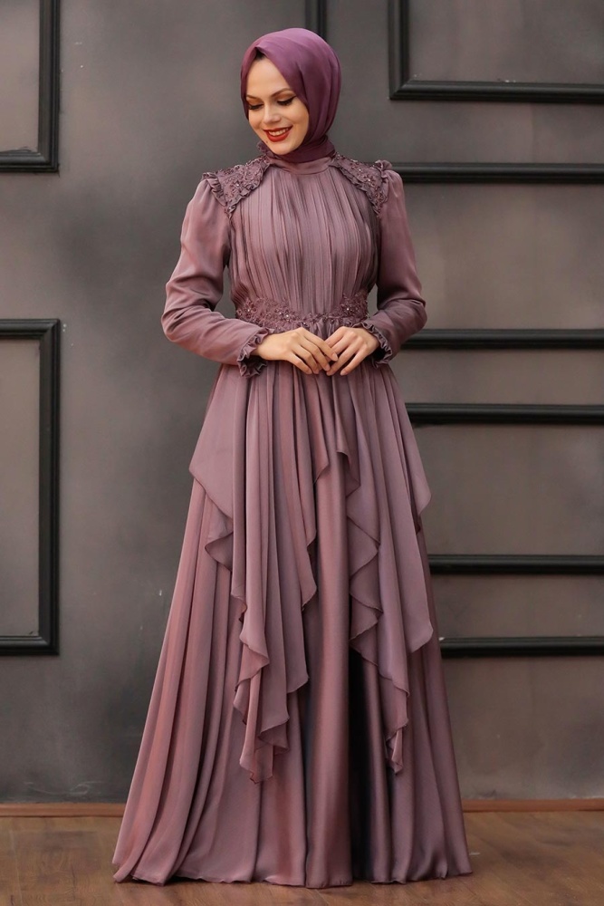 Tesettür Abiye Elbise - Robe de soirée Hijab Rose Séchée 21850GK - 2