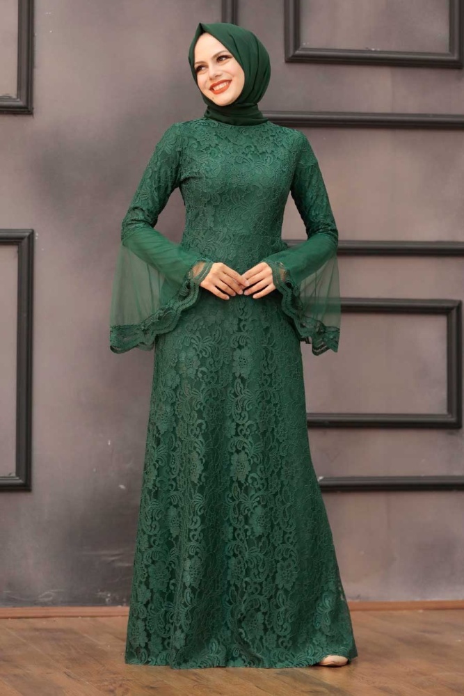 Tesettür Abiye Elbise - Robe de soirée Hijab verte 2567Y - 1
