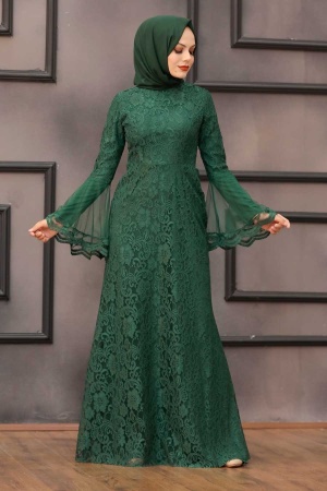 Tesettür Abiye Elbise - Robe de soirée Hijab verte 2567Y - 2