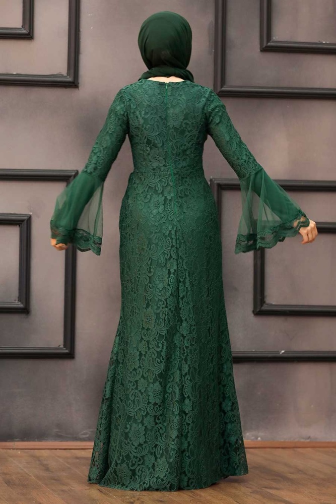 Tesettür Abiye Elbise - Robe de soirée Hijab verte 2567Y - 3