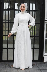 Tesettür Abiye Elbise - Robe de soirée islamique blanche 5408B - Thumbnail