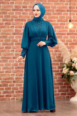 Tesettür Abiye Elbise -Robe de soirée islamique bleu indigo 25810IM - 1
