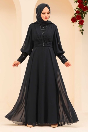 Tesettür Abiye Elbise -Robe de soirée islamique bleu marine 25810L - 1