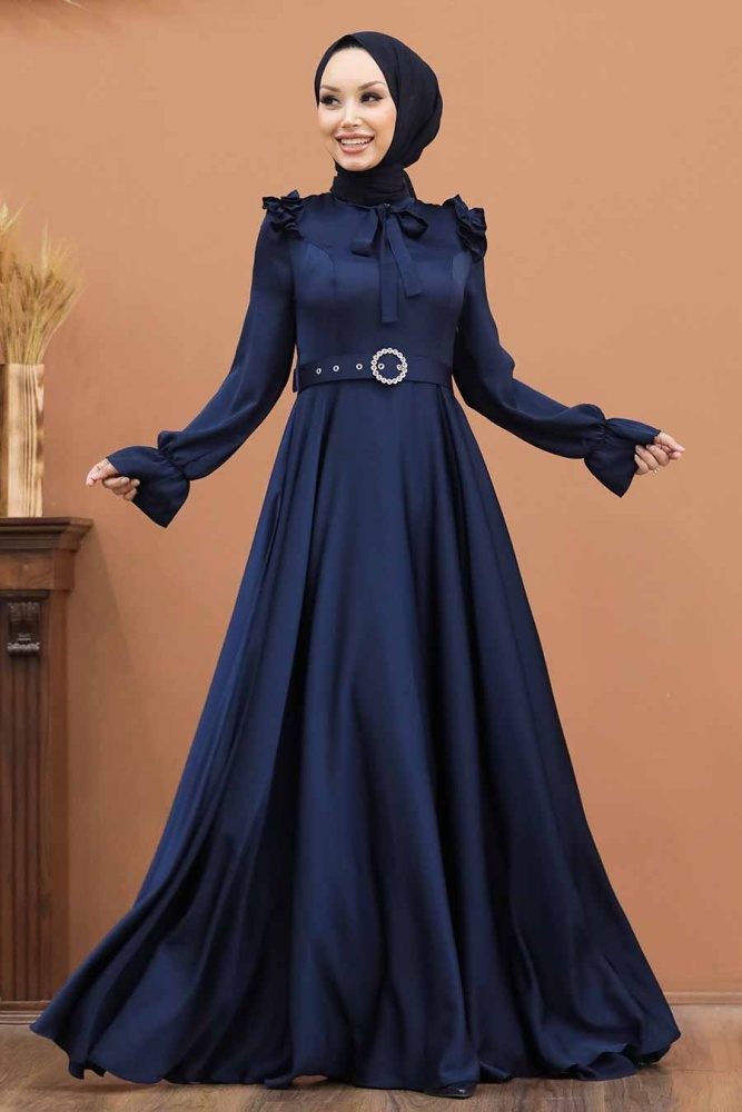 Tesettür Abiye Elbise - Robe de soirée islamique bleu marine 27240L - 1