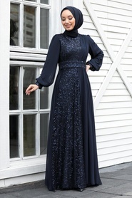 Tesettür Abiye Elbise - Robe de soirée islamique bleu marine 5408L - Thumbnail