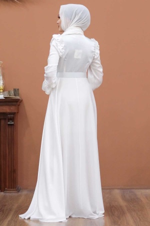 Tesettür Abiye Elbise - Robe de soirée islamique écru 27240E - 4