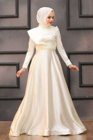 Tesettür Abiye Elbise - Robe de soirée islamique écru détaillée drapée 4106E - 1