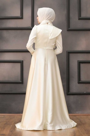 Tesettür Abiye Elbise - Robe de soirée islamique écru détaillée drapée 4106E - 4