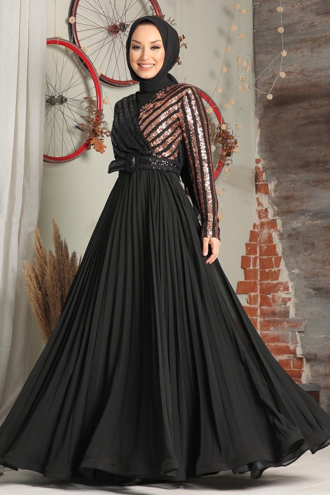 Tesettür Abiye Elbise - Robe de soirée islamique en cuivre 33130BKR - 1