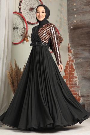 Tesettür Abiye Elbise - Robe de soirée islamique en cuivre 33130BKR - 2