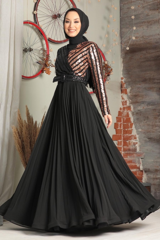 Tesettür Abiye Elbise - Robe de soirée islamique en cuivre 33130BKR - 2