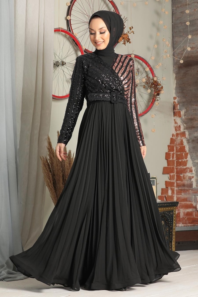 Tesettür Abiye Elbise - Robe de soirée islamique en cuivre 33130BKR - 3