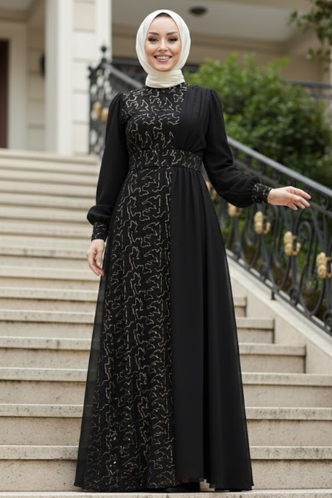 Tesettür Abiye Elbise - Robe de soirée islamique en or 5408GOLD - 1