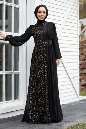 Tesettür Abiye Elbise - Robe de soirée islamique en or 5408GOLD - Thumbnail