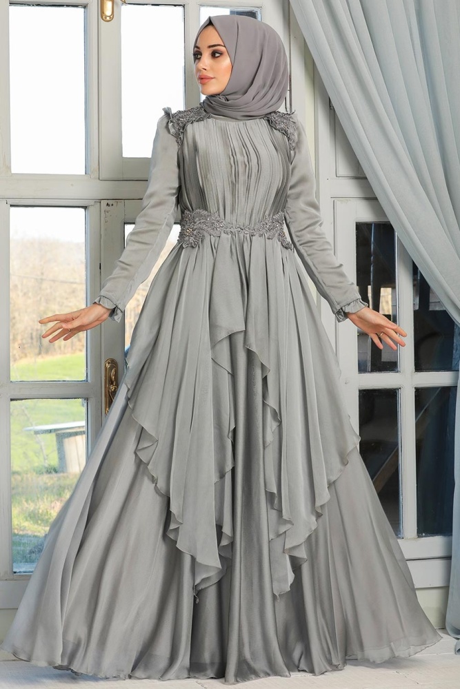Tesettür Abiye Elbise - Robe de soirée islamique grise 21850GR - 1