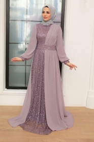 Tesettür Abiye Elbise - Robe de Soirée Islamique Lilas Clair 5408ALILA - Thumbnail