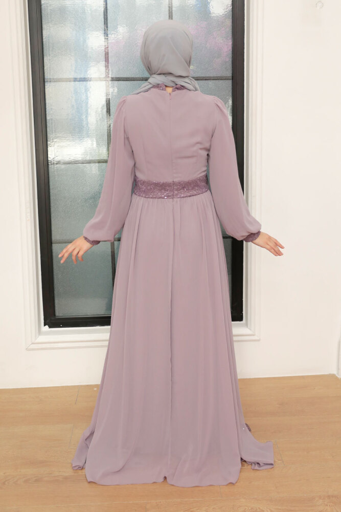 Tesettür Abiye Elbise - Robe de Soirée Islamique Lilas Clair 5408ALILA - 3