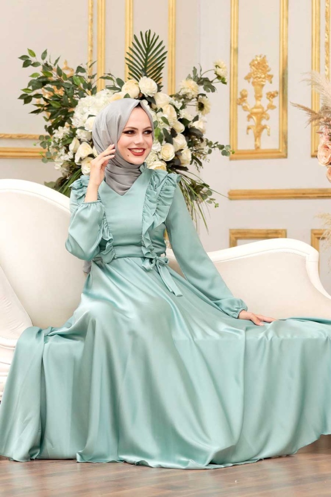 Tesettür Abiye Elbise -Robe de soirée islamique menthe 3117MINT - 2