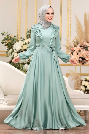 Tesettür Abiye Elbise -Robe de soirée islamique menthe 3117MINT - 5