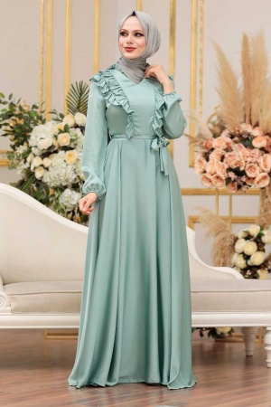 Tesettür Abiye Elbise -Robe de soirée islamique menthe 3117MINT - 4