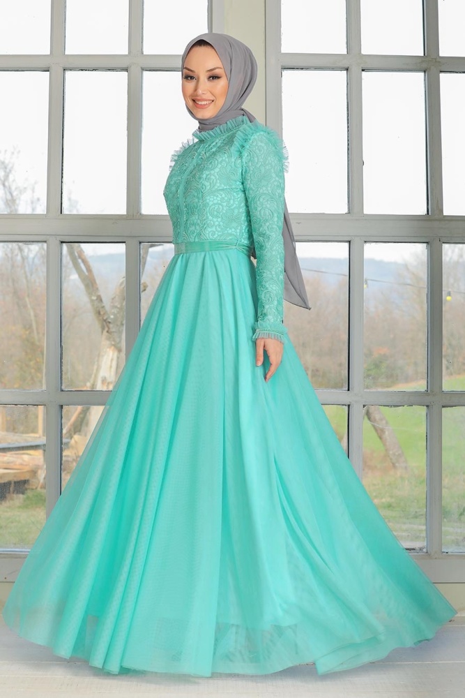 ​Tesettür Abiye Elbise - Robe de soirée islamique menthe 32670MINT - 1