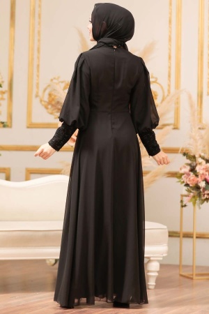 Tesettür Abiye Elbise -Robe de soirée islamique noire 25810S - 2