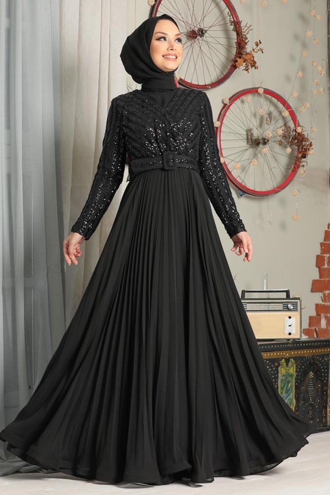 Tesettür Abiye Elbise - Robe de soirée islamique noire 33130S - 1